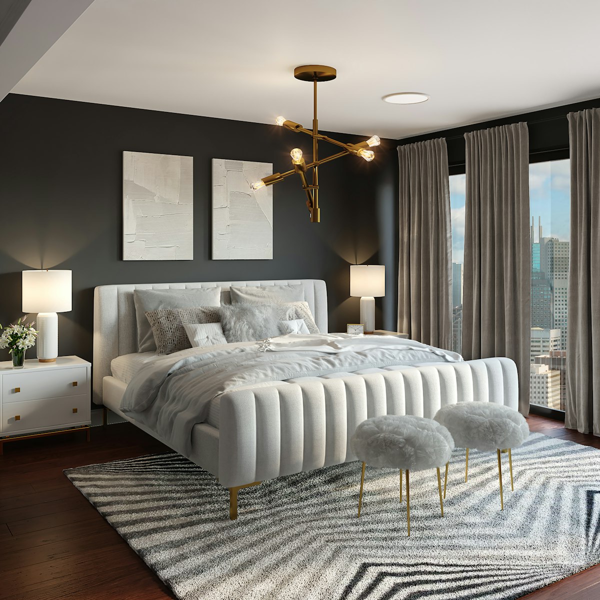 Habitación principal. Cama king, aire acondicionado y ventanal al balcón interior.
